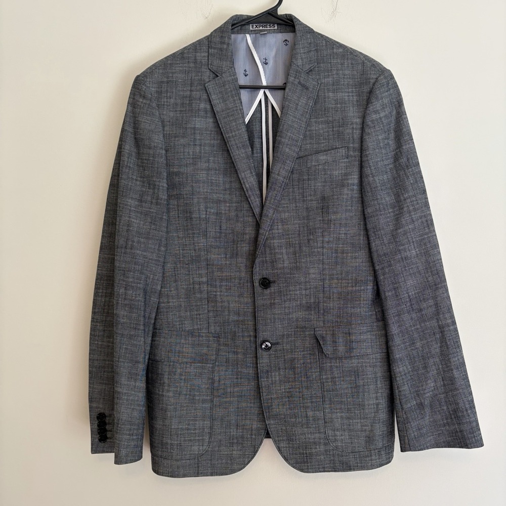 Express Photographer Blazer Mens Size 38 R Gray Cotton Fitted Workwear Business